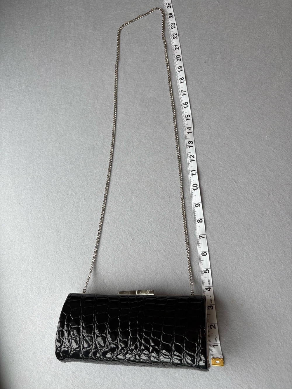 La Regale Black Patent Croc-Embossed Chain Optional Strap Clutch Evening Bag - Picture 7 of 7